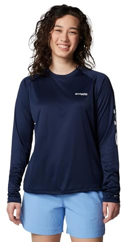 Columbia Womens PFG Tidal Tee II Long Sleeve Sun Protection Shirt, Collegiate Navy/White Logo, 3X