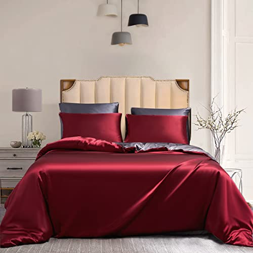 Damier Bettwäsche 135x200cm 4 teilig Satin Glänzend Rot Grau Wendebettwäsche Set Seidig Glatt Bettbezug mit Reißverschluss und 2 Kissenbezüge 80 × 80 cm