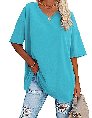 Famulily Short Sleeve Tshirt Half Sleeve Tops for Women UK Soft Casual V Neck Oversized Baggy Tshirts Sky Blue M