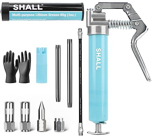 Shall Mini- Schmierpressen, kleines Schmierpressen-Set mit 2 Stück 4-Backen-Kupplungen, scharfer Düse, Verlängerungsadapter, 3OZ-Kartuschenfett, verstärktem PVC-Handschuh und Zerk-Fitting-Reiniger