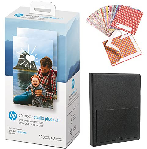 HP Sprocket Studio Plus 4 x 6” Photo Paper and Cartridges Starter Bundle: Includes 108 Sheets and 2 Cartridges, Sticker Frames, Photo Album - Compatible only Sprocket Studio Plus.