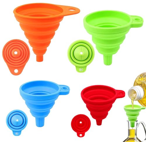 Set de 4 Embudos de cocina, Embudos Plegables de Silicona para cocina, hogar, botellas de agua, botella de aceite, líquidos y polvos, 4 tamaños (S/M/L/XL) 4 colores Plegable Embudo Pequeño