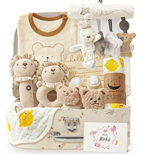 vamei Baby Geschenk Jungen, Neugeborenen Geschenk Babygeschenke zur Geburt Junge Mädchen mit Baby Strampler Badetücher Lätzchen Socken Rassel Erinnerungsbox Grußkarten Baby Shower Party