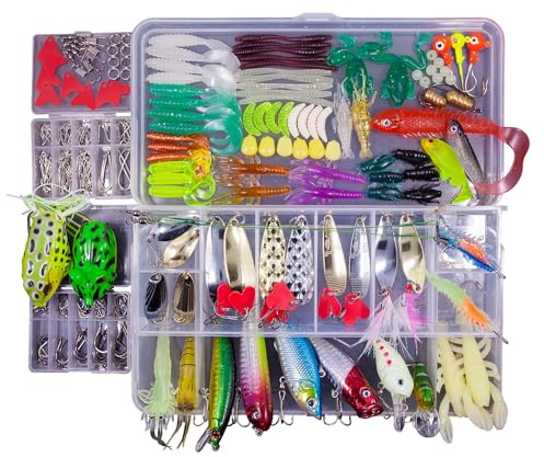 Pezlun Fishing Lures Freshwater Bait Tackle kit.Tackle Box Including crankbaits topwater Lures,Jigs,Spoons and More Fishing Gear Set.Suitable for Bass Trout Salmon. (B240PCS)