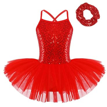 CHICTRY Girl's Ballerinas Sequined Ballet Dance Dress Fancy Party Tutu Leotard Skirt Costume Dancewear A1 Red 7-8 Years