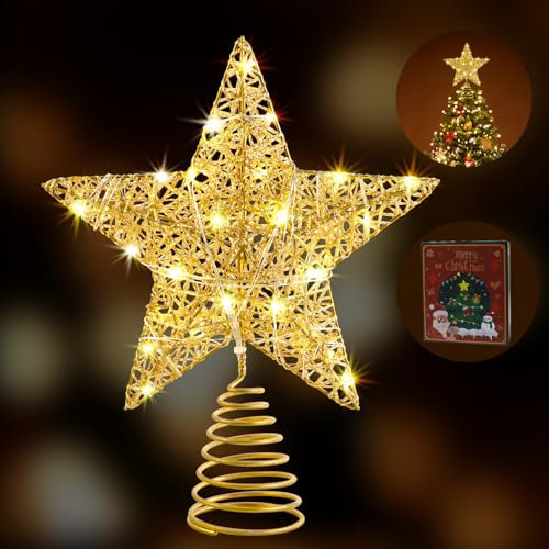 WHOLEV Christmas Tree Topper Star, 25CM Gold Wire Glitter Tree Toppers with TIMER, Battery or USB Powered, 20 LED Lights Gold Ornaments Topper, Christmas Treetop for Christmas Tree New Year Decoration