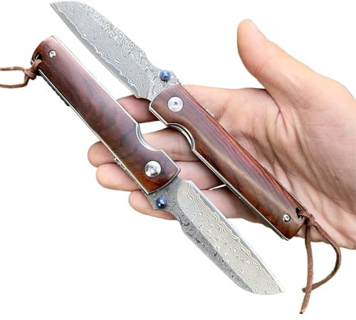 Obespina Couteau Pliant Poche Damas luxe Acier 67 Couches VG10 Piemontais Damascus Manche Bois Collection Cadeau Homme edc forgé artisanat camping extérieur gentlemen traditionnel