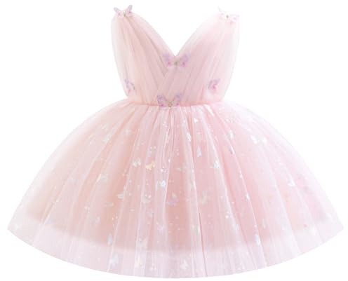 IDOPIP Bébé Fille sans Manches V - Neck Tulle Tutu Robe Princesse Fleur Fille Robe Bow élégant Anniversaire Célébration Formelle Party Robe De Bal Rose 90