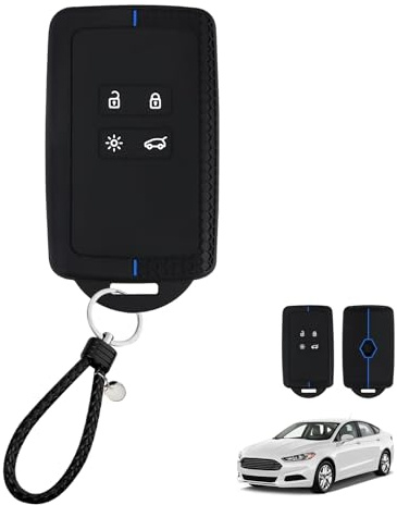 Car Key Cover for Renault Clio, Megane, Kadjar, Captur, Talisman, Koleos, Dacia Duster – TPU Key Card Holder 4 Button Premium Silicone, Non-Slip, Anti-Dust Key Fob Protector with Key Rope (Blue-Line)