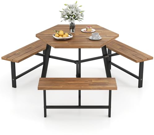 RELAX4LIFE Tavolo da Picnic per 6 Persone in Legno di Acacia con Panchine Incorporate, Set da Tavolo da Pranzo Esterno con Foro per Ombrellone e Struttura in Metallo per Patio, Giardino, Bordo Piscina
