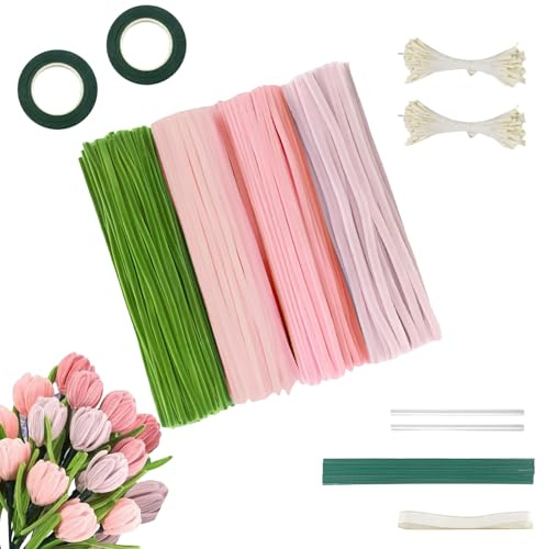 Mecmbj 400 Piezas Limpiapipas Manualidades, Set de Tulipanes de Limpiapipas, con 20 Tallos para Flores Verdes, Cinta, Cinta Adhesiva, Pipe Cleaner DIY para Regalos Artesanales y Decoración Del Hogar