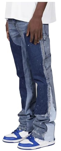 RUMAOZIA Jeans a zampa da uomo Y2K Streetwear, denim con spruzzi di inchiostro, patchwork alla moda, bootcut, baggy, pantaloni da tempo libero hip hop, skateboard con tasche, jeans cargo a gamba