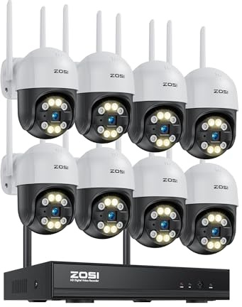 ZOSI Set di telecamere di sorveglianza WLAN da 3 MP, 8 telecamere a cupola PTZ a 360°, riconoscimento e monitoraggio delle persone, audio a 2 vie, visione notturna a colori, nessun disco rigido