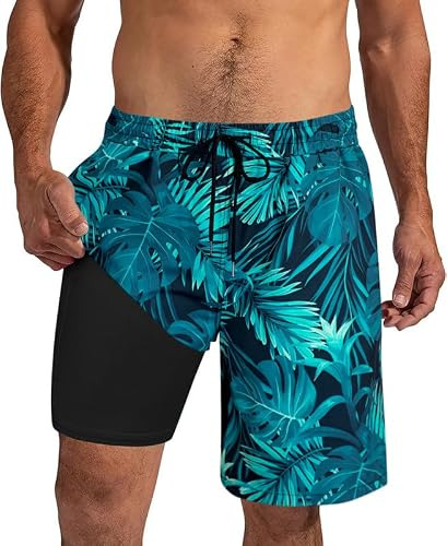 XiaoMoSha Mens Swimming Shorts Men's Swim Trunks with Compression Liner 2 in 1 Board Shorts for Surf Beach Quick Dry, XXL, GreenLeaves