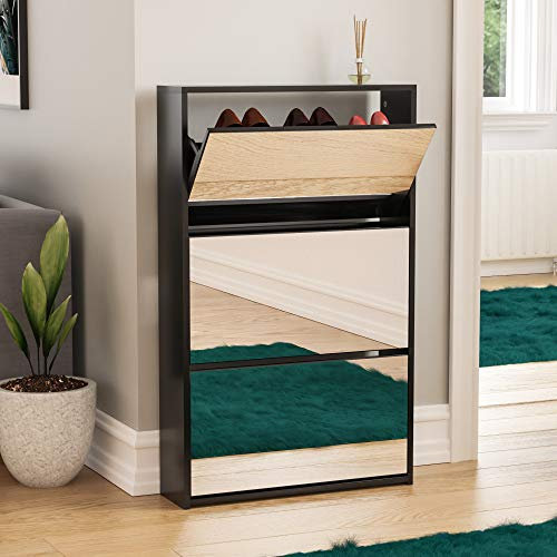 Vida Designs Welham Mirrored Shoe Cabinet, Wooden Shoe Storage Unit with 3 Flip Drawers, Multifunctional Dust-Proof Space-Saving Slim Cupboard for Hallway or Entryway (Black)