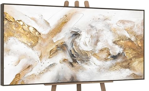 YS-Art Quadro Astratto Oro Beige Bianco con Texture Fluide Moderne Dipinto a Mano su Tela Materica 120x60 cm