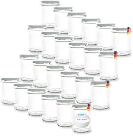 Flaschenbauer 24er Set Marmeladengläser 230ml - Sturzgläser & Einmachgläser, vielseitig einsetzbar, inklusive Etiketten, wahlweise farbige Twist-Off Deckel TO66 - ideal für Suppen, Dips, Tee [Weiß]