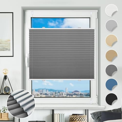 Plissee ohne Bohren Verdunkelung Plissees Klemmfix 80x140cm(BxH) Grau 100% Blickdicht Verdunklungsplissee Fensterrollo innen ohne Bohren Aluminium Rollos für Fenster & Tür