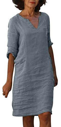 Linneklänning damer sommar v-ringad kortärmad sommarklänning damer knälång linneklänningar kvinnor t-shirt klänning casual tryck fritidsklänning strandklänningar klänning A-linje klänning