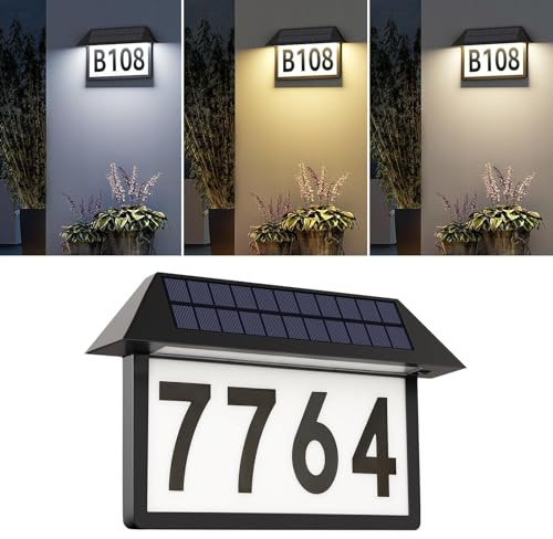 ASOMST Solar Address Sign, Lighted House Numbers Waterproof, 3-Color Lighting Modes LED Illuminated Address Plaque, Wall Mount Address Number for Home