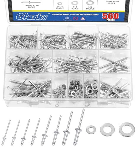Glarks 560Pcs Silver Blind Rivet Fasteners Kit, 8 Size Aluminum Pop Rivets with 3 Size Backup Washers Assortment Kit for Aviation Automobile Furniture Use