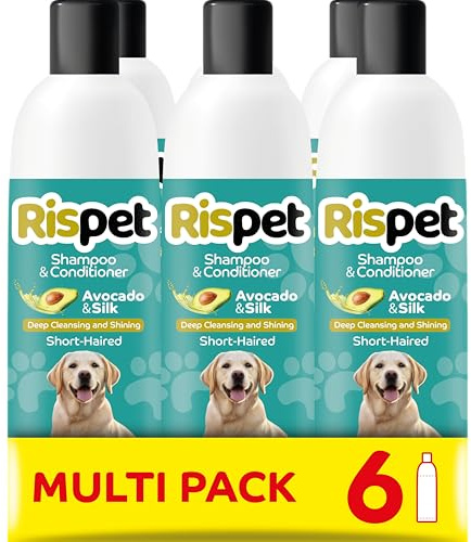 RISPET Shampoing Démêlants Avocat et Soie, Nettoyant pour Chiens et Animaux à Poils Courts, Formule Délicate sans Allergènes et pH Équilibré, Parfum Talc, 6x370 ML