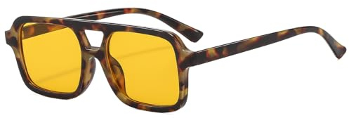 Long Keeper Lunettes de Soleil Pilote des années 70 pour Femme Homme Lunettes de Soleil Rétro Carrées Petites Lunettes à Rectangulaire Double Pont (Orange Léopard)