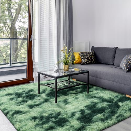 SOANNY Hochflor Wohnzimmer Teppich, Waschbar Anti-Rutsch & Flauschig, Tie-Dye Langflor Shaggy Teppiche für Schlafzimmer & Kinderzimmer, Bettvorleger Matte, 140 x 200 cm, Grün