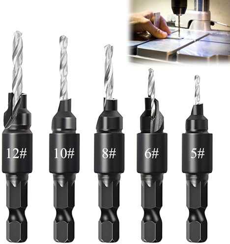 5 Piezas Brocas Avellanadoras Ajustables, Juego de brocas avellanadas, Vástago Hexagonal de 1/4 Pulgada para Cambio Rápido, Incluye Brocas Reemplazables y Llave Hexagonal