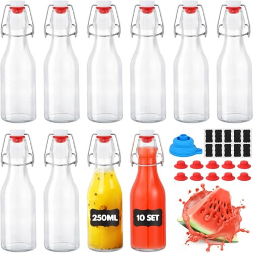 YAMAIDUO 10 Botella Cristal 250ml con Tapón Hermético, Botella Cristal Reutilizable, Botella Vidrio con 10 Precintos Extra, 10 Etiquetas, Embudo, para Bebidas, Cerveza, Aceite, Zumo, Agua