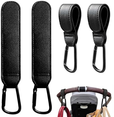 lomdung 4 Pezzi Ganci per Passeggino, Universali Accessori Passeggino, Porta Borse in Pelle, Accessori Neonato, Porta Borse, Universali, Antiscivolo, Appendi Giochi (Nero)