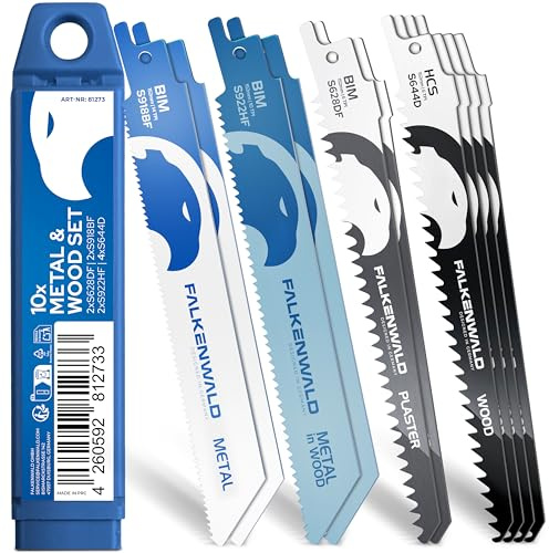 FALKENWALD® Säbelsägeblätter Set 10-tlg – 6x Metall + 4x Holz - Bi-Metall & HCS - Für Holz, Metall, Gipskarton, Kunststoff - Passend für Bosch, Makita, Einhell, DeWalt u. v. m.