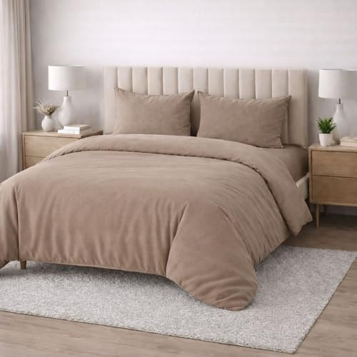 Meteorwi Home - Funda Nordica Cama 150 Microfibra Cepillada Suave – Juego de 4 Piezas con Funda de Edredon 220x240cm, Sabana Bajera 150x200cm, 2 Fundas de Almohada 45x70cm (Caqui, Cama 150cm)