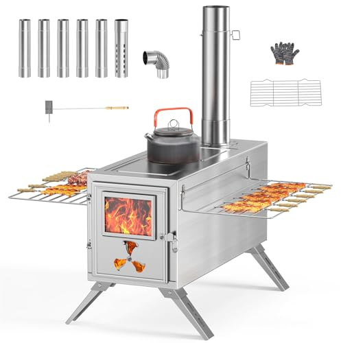 Ytaoeo Camping Tent Stove with Chimney, Stainless Steel Wood Burning Stove | Stainless Steel, Portable Folding Hot Tent Stoves with 7 Chimney Pipes for Outdoor, Camping, Cooking, BBQ, Hiking, Fishing