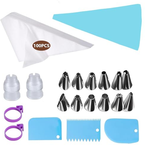Mangas Pasteleras Desechables 100 Piezas, Bolsa de Decoración reutilizable para pasteles, 6 Puntas Pasteleras、2 Adaptadores、Dos Gomas Superiores de Manga Pastelera, para Decorar Pasteles, Galletas y C