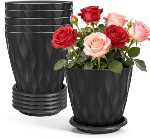 Exsink Set di 6 Vasi da Fiori,Vaso per Piante da Interno Decorativi, Vasi da Fiori in Plastica con Drenaggio Vasi per fiori da interni,con Sottovaso,per Balcone, Giardino (Nero)