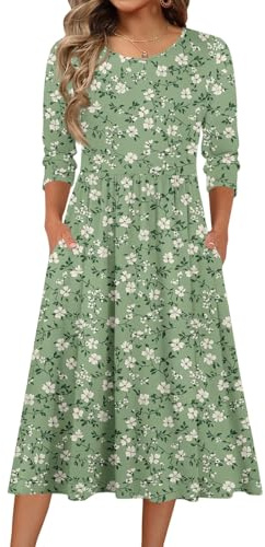 Dresses for Women UK 3/4 Length Sleeve Crew Neck Midi Dress Casual Elegant Flowy Solid Color Spring Summer Fall Boho A Line Floral Long Dress