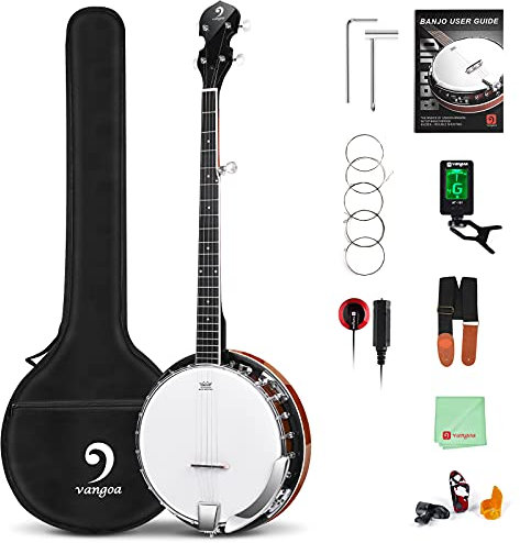 Vangoa Left-handed 5-String Banjo, Mahogany Open-back Banjo with Resonator, with Starter Manual & Beginner Kit
