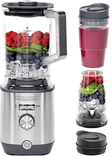 GE 5-Speed Blender + (2) 16 Ounce Blender Cups | Kitchen Essentials for Shakes, Smoothies & More | Large 64 oz Tritan Jar, 8-10 Servings | Stainless Steel Blades & Exterior Finish| 1000 Watts