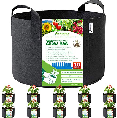 SHEEFLY 10 Pack 7 Gallon Grow Bags,Non Woven Durable Thickened Aeration Fabric Pots Container with Reinforced Handles for Nursery Garden,Vegetable,Fruit,with 10 PCS Plant Labels (Black)