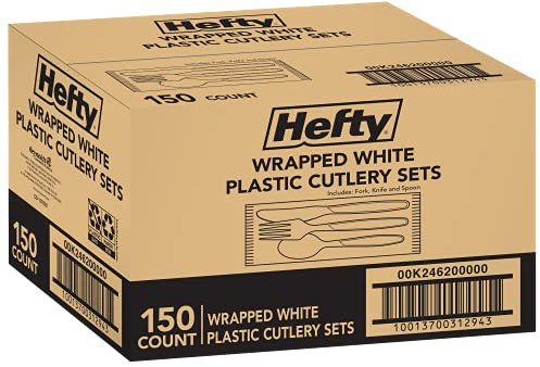 Hefty Wrapped Disposable Plastic Utensils Set, 150 Count, White Disposable Utensils for Picnics, BBQs, Camping, Parties, and More, Includes Forks, Spoons, and Knives