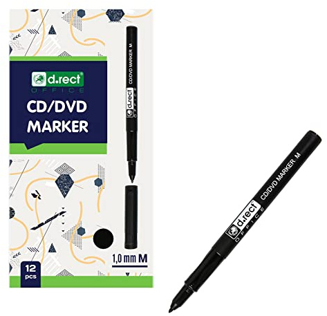 D.RECT Set di 12 pennarelli per CD DVD da 1,0 mm, indelebile da dipingere in vetro, plastica, pellicola, nero