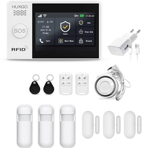 HUXGO HXA007 Funk Alarmanlage WiFi + GSM 4G Modul mit 3 Bewegungssensoren, 3X Türöffnungsmelder Alarmanlage Haus, SMS-Benachrichtigungen, Steuerung vom Telefon aus
