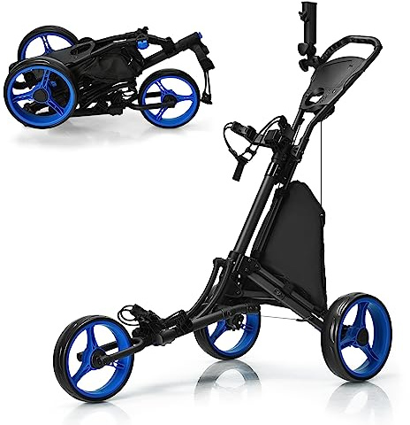 COSTWAY Chariot de Golf Pliable à 3 Roues Sangle Elastique, Porte-Parasol Réglable et Porte-gobelet Sac de Rangement Recouvert d'Aluminium pour Clubs de Golf Rouge/Vert/Bleu/Gris (Bleu)