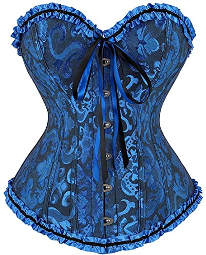 Corsé de Satén para Mujer en Negro y Azul Sexy con Vestido Pirata, Top de Cuero y Falda para Fiesta Steampunk o Medieval - L
