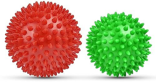 URAQT Faszienball, 2er Set Kleine Igelball Hart, Faszien Massageball mit Noppen, Massagebälle zur Behandlung Von Muskelverspannungen, Igelbälle Massage Ball für Füße Rücken Nacken Hände （Grün+Rot）