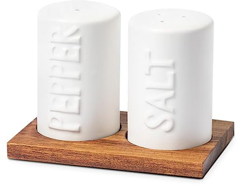 TIENDA EURASIA - Set de Salero y Pimentero, 12 x 8 x 8.5 cm, Botes de Cerámica y Base de Madera, Diseño Nórdico, 2 Piezas, Color Blanco, Salero y Pimentero