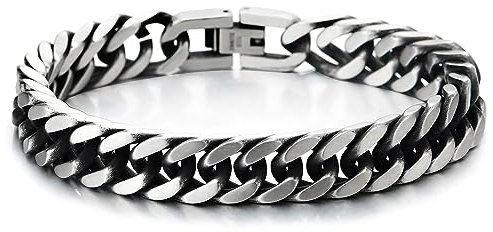 COOLSTEELANDBEYOND Herren Edelstahl Silber Schwarz Zweifarbig Panzerkette Armband, Satiniert