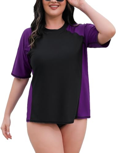 Halcurt Camiseta UV para mujer, talla grande, con protección solar UPF 50+, camiseta de natación de secado rápido, 1X-4X, Negro Morado/Con Sujetador, XXL grande