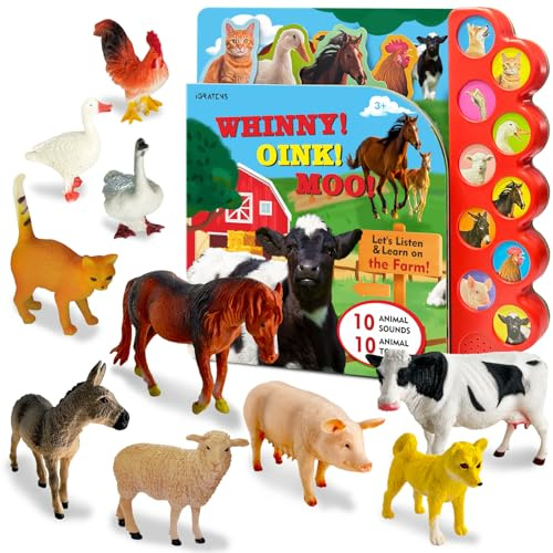 iGRATENS Figure di animali della fattoria Giocattoli con libri sonori, 10 animali della fattoria per i più piccoli e libri sonori degli animali con 10 pulsanti, giocattoli della fattoria per i più